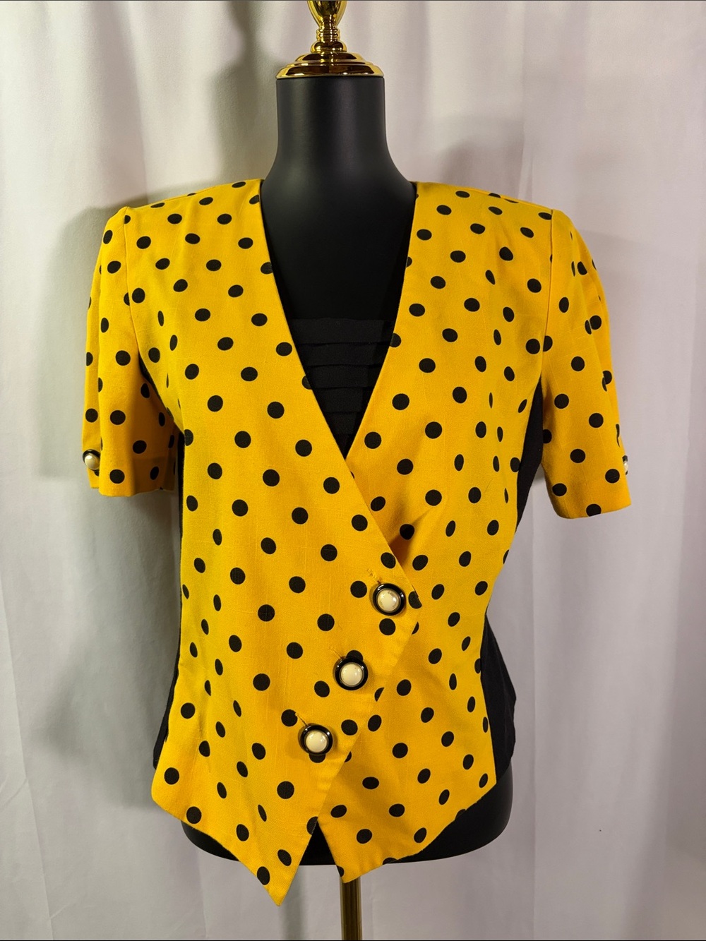 Vintage Halmode Petites Yellow & Black Polka Short Sleeve Suit Jacket